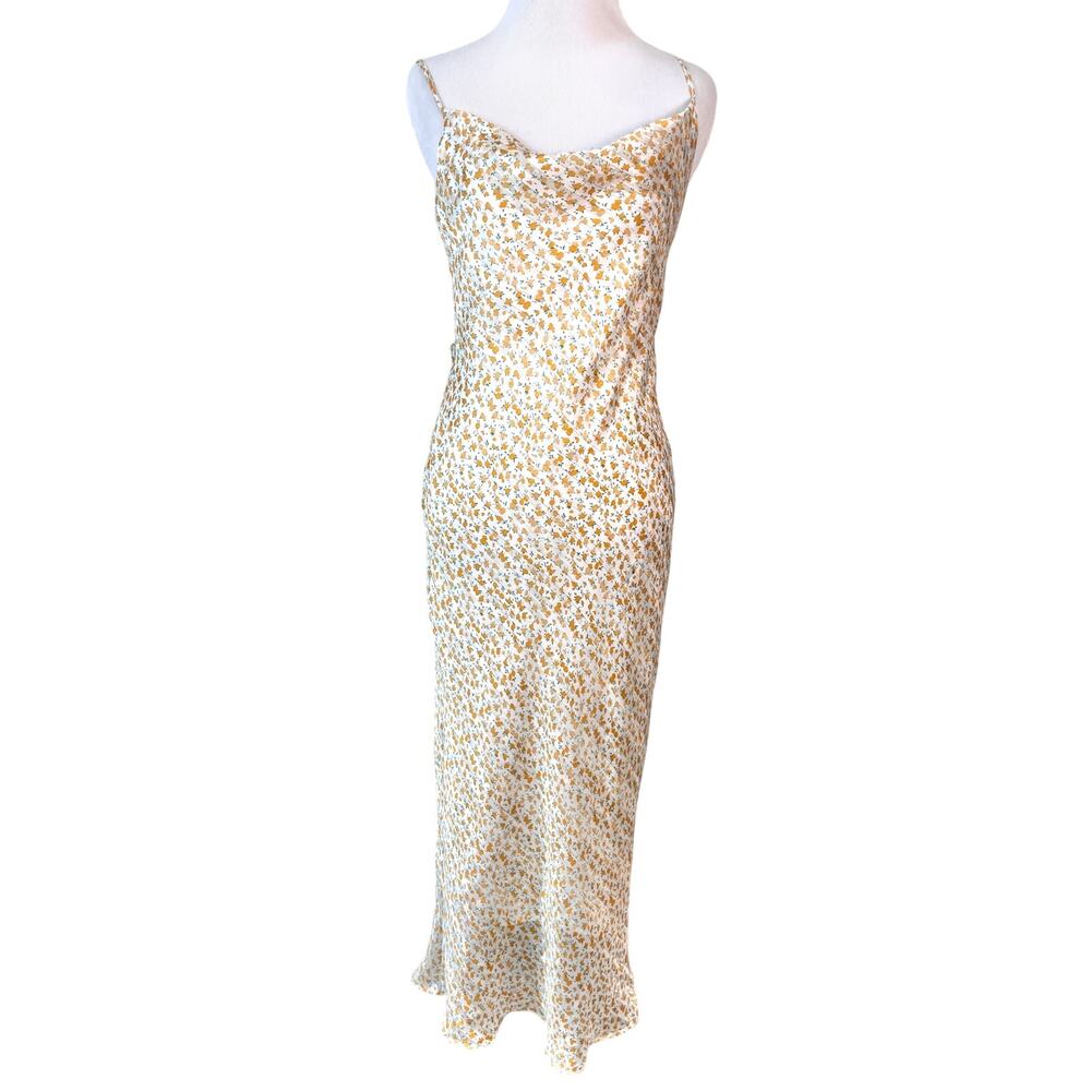 Floral Maxi Slip Dress Bias Cut M Butter Yellow Fairy Cowl Neck Spaghetti Strap